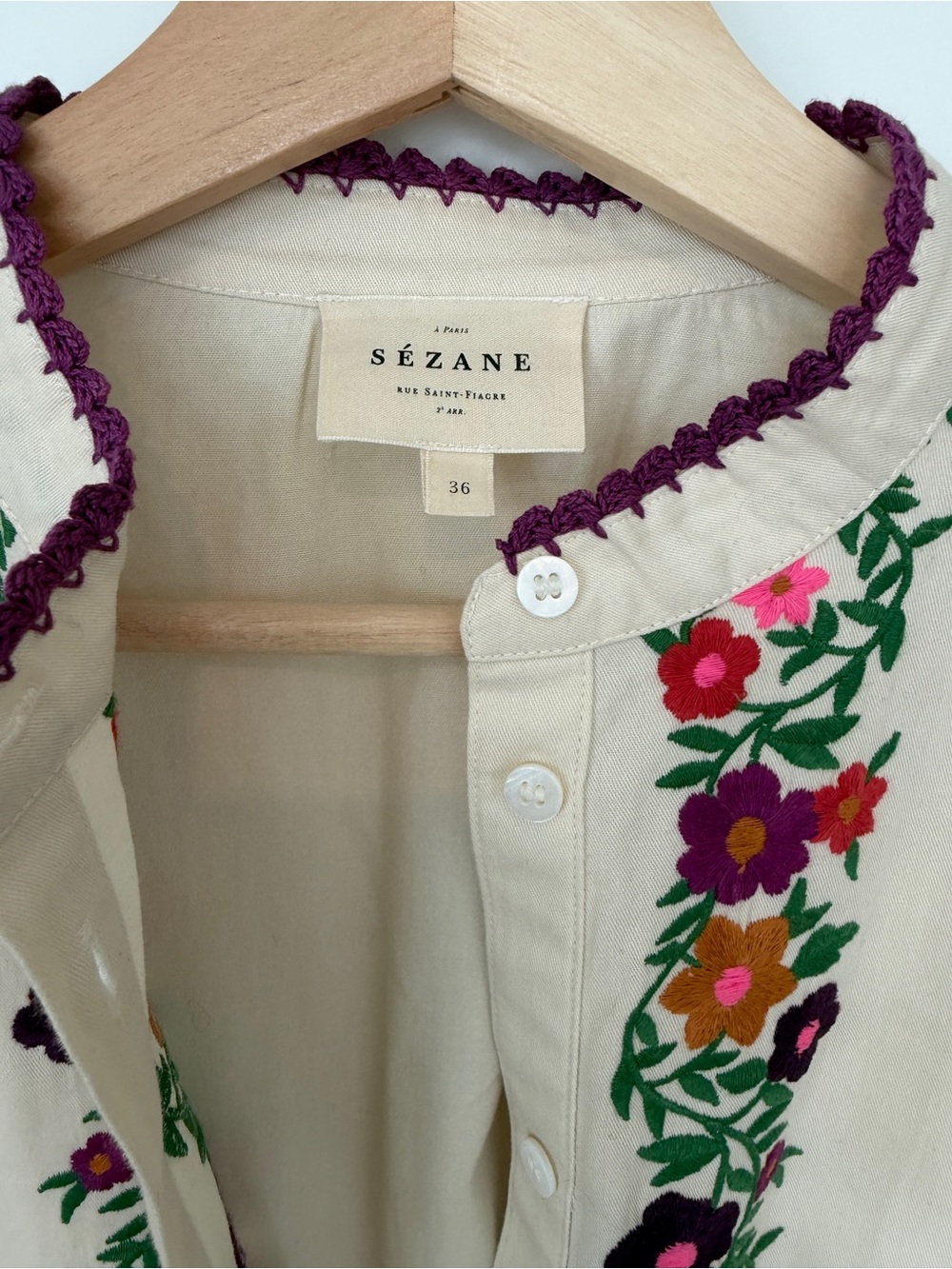 Sézane Cream Floral Embroidered Button-Up with Purple Trim Sidonia blouse - Picture 2 of 4